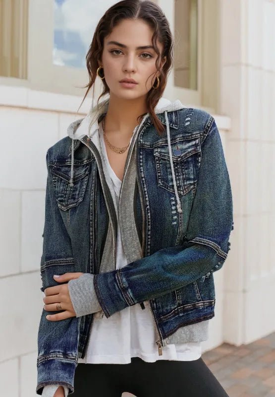 Hooded Zip-Up Denim Jacket – Women's Faux Two-Piece Distressed Denim S–2XL