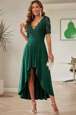 Lace Cutout V-Neck Short Sleeve Dress with High-Low Hem in Semi-Sheer Fabric - Allen-Fitness