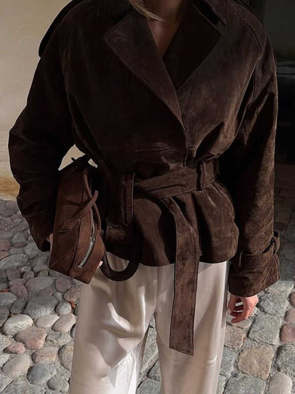 Lapel Collar Tie Waist Outerwear