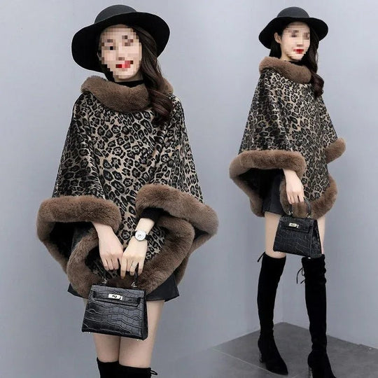 Leopard-Print Thickened Velvet Oversized Cloak - Cozy, Stylish Merino Wool Pullover Shawl - Allen-Fitness