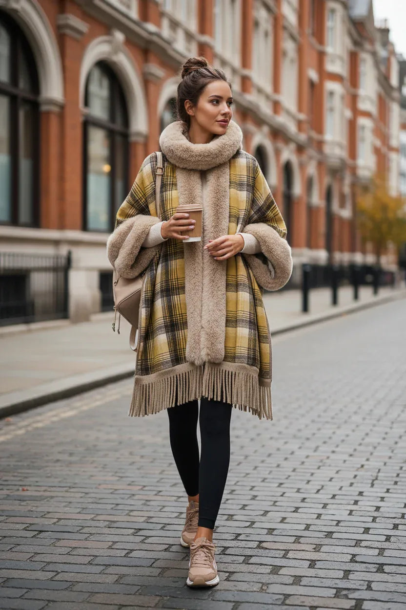 Soft Fleece Tippet For Women With Trendy Maillard Plaid Design And Elegant Tassels - Allen-Fitness