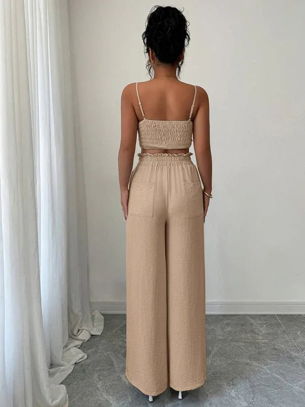 Light beige suspender vest wide-leg pants two-piece suit - Allen-Fitness