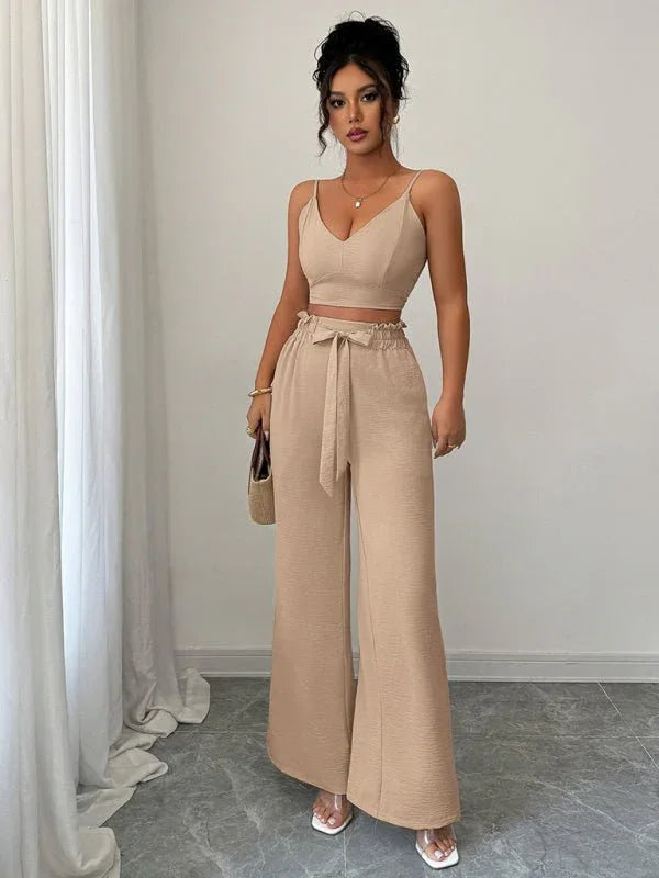 Light beige suspender vest wide-leg pants two-piece suit - Allen-Fitness