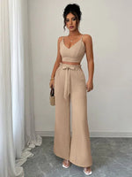 Light beige suspender vest wide-leg pants two-piece suit - Allen-Fitness