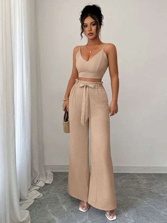 Light beige suspender vest wide-leg pants two-piece suit - Allen-Fitness