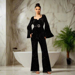 Long Sleeve Square-neck Slim-fit Sheath Banquet Sequined Jumpsuit - Allen-Fitness