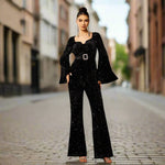 Long Sleeve Square-neck Slim-fit Sheath Banquet Sequined Jumpsuit - Allen-Fitness