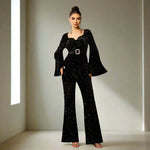 Long Sleeve Square-neck Slim-fit Sheath Banquet Sequined Jumpsuit - Allen-Fitness
