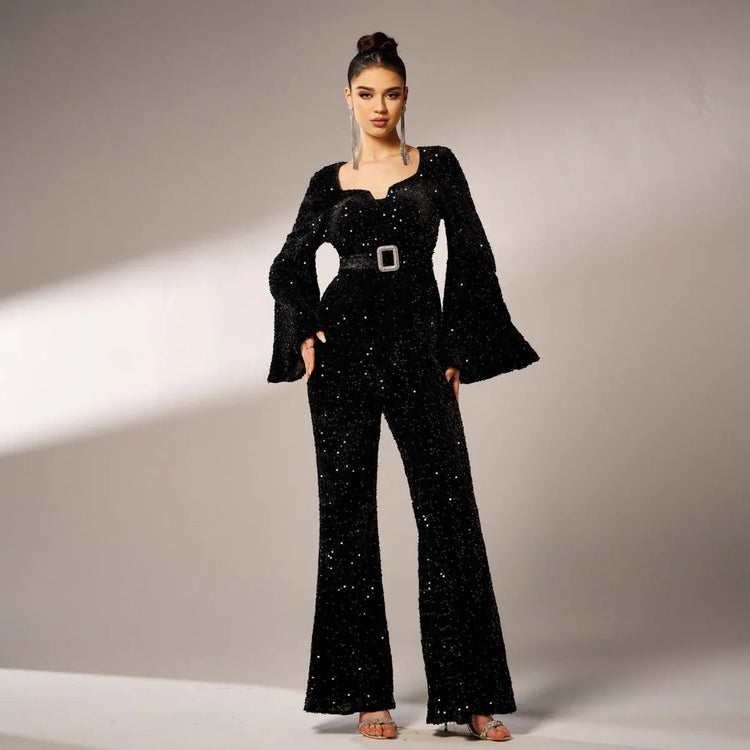 Long Sleeve Square-neck Slim-fit Sheath Banquet Sequined Jumpsuit - Allen-Fitness