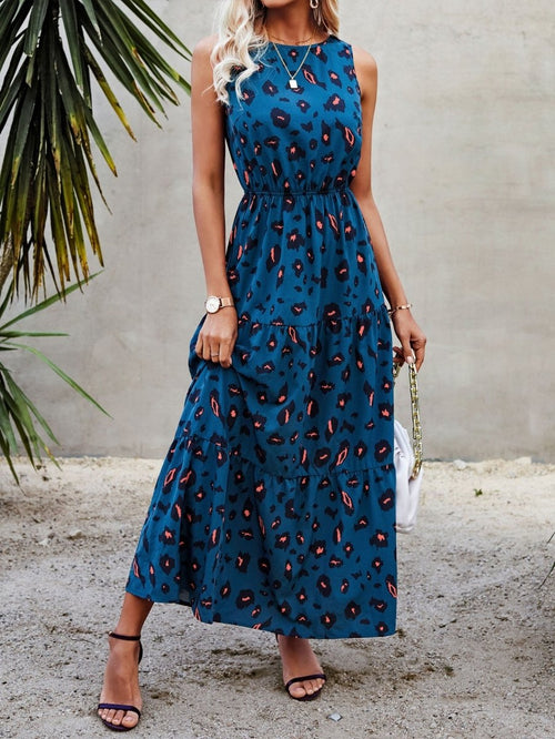 LUNE Leopard Print Ruffle Hem Boho Maxi Dress