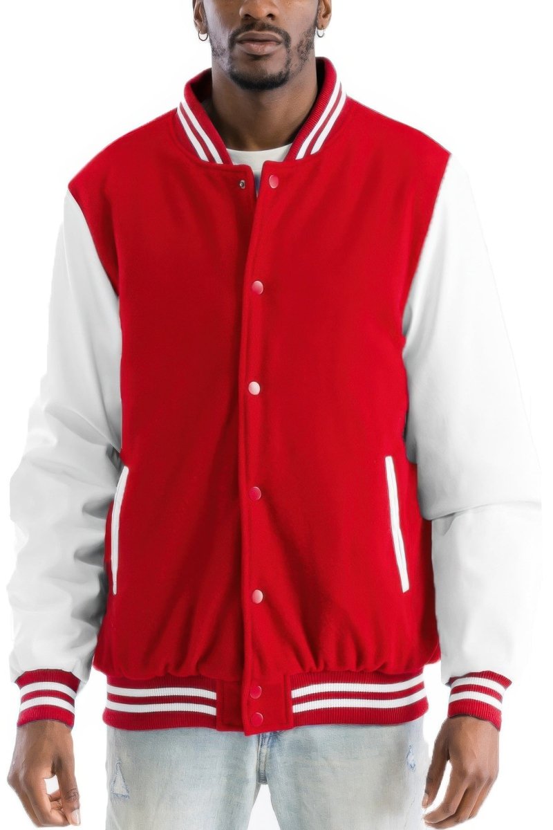 Red and white varsity jacket worn by a person on a white background