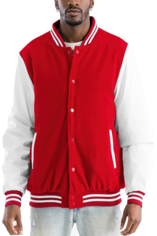 Red and white varsity jacket worn by a person on a white background