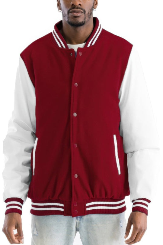Red and white varsity jacket worn by a person on a white background