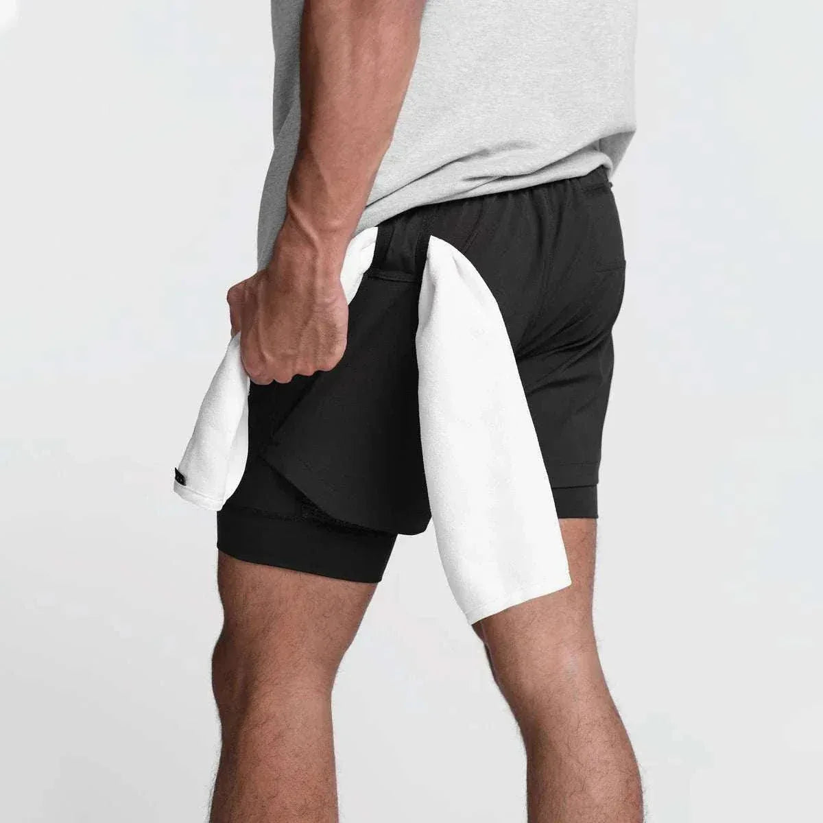 Men 2 in 1 Fitness Gym Shorts With Towel Loop Breathable Shorts - Allen-Fitness