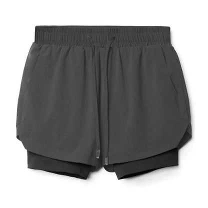 Men's black 2 in 1 fitness gym shorts with breathable mesh inner tights and towel loop for workout and training