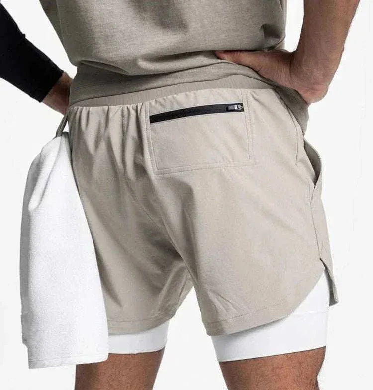 Men 2 in 1 Fitness Gym Shorts With Towel Loop Breathable Shorts - Allen-Fitness