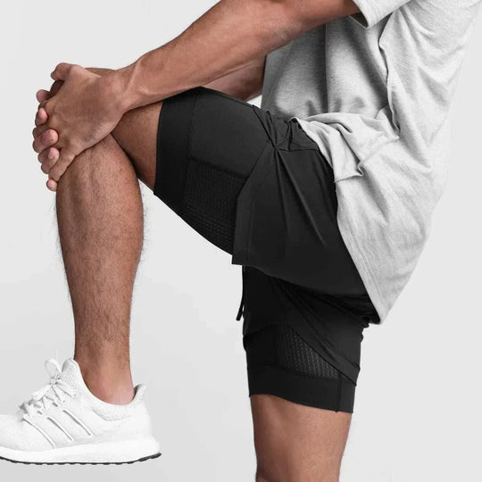 Men 2 in 1 Fitness Gym Shorts With Towel Loop Breathable Shorts - Allen-Fitness