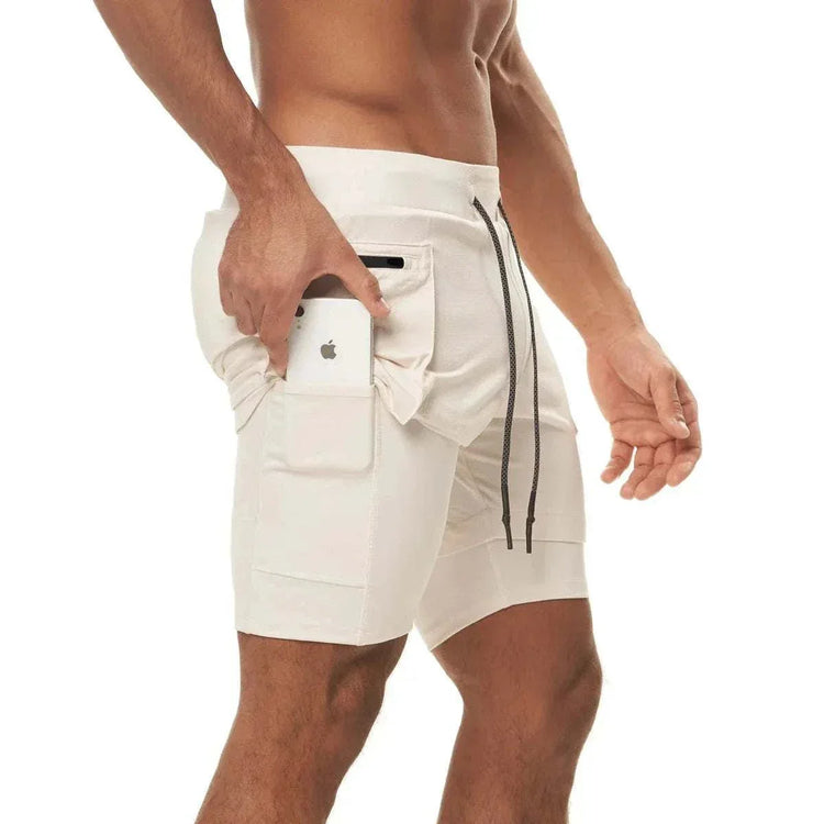 Men 2 in 1 Running Training Joggers Gym Shorts With Phone Pocket - Allen-Fitness
