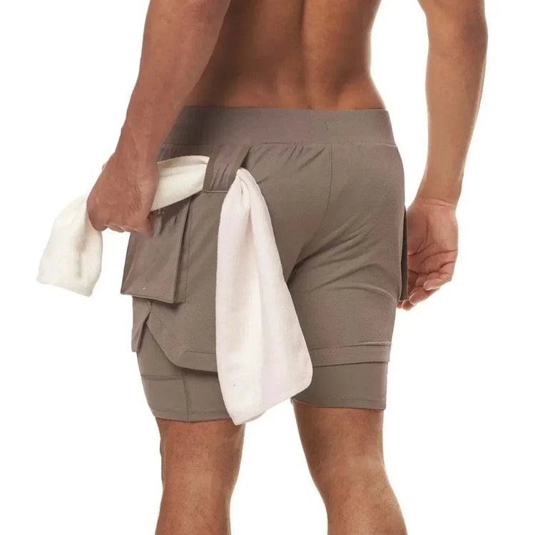 Men 2 in 1 Running Training Joggers Gym Shorts With Phone Pocket - Allen-Fitness