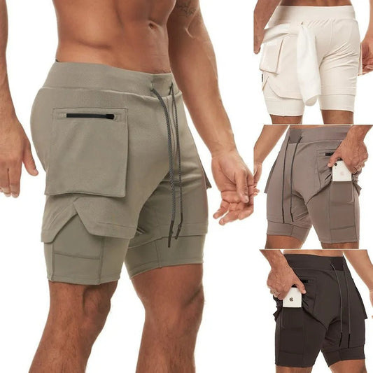 Men 2 in 1 Running Training Joggers Gym Shorts With Phone Pocket - Allen - Fitness