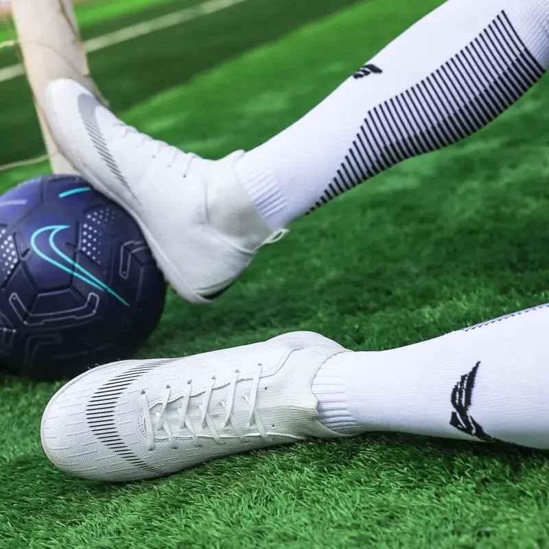 Men Cleats Football Boots High Top Soccer Sneakers Turf Futsal Outdoor Fashion White Sport Shoes - Allen-Fitness