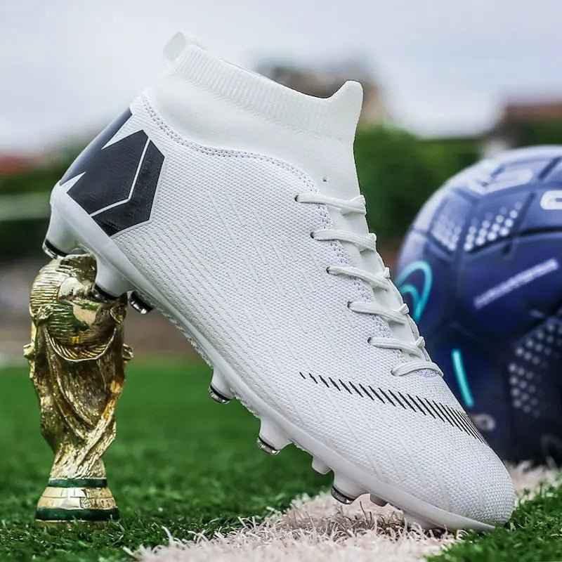 Men Cleats Football Boots High Top Soccer Sneakers Turf Futsal Outdoor Fashion White Sport Shoes - Allen-Fitness