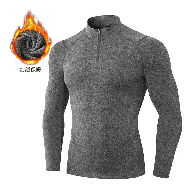 Men's Autumn and Winter Fleece-lined Fitness Clothes High-elastic Tight-fitting Sports Basketball Running Training Long-sleeved Half-zipper Collar Sweater - Premium Fitness & Activewear
