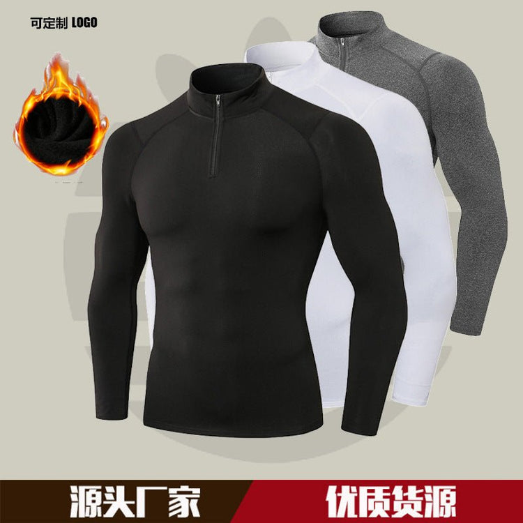 Men's Autumn and Winter Fleece-lined Fitness Clothes High-elastic Tight-fitting Sports Basketball Running Training Long-sleeved Half-zipper Collar Sweater - Premium Fitness & Activewear