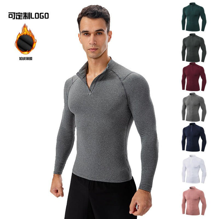 Men's Autumn and Winter Fleece-lined Fitness Clothes High-elastic Tight-fitting Sports Basketball Running Training Long-sleeved Half-zipper Collar Sweater - Premium Fitness & Activewear