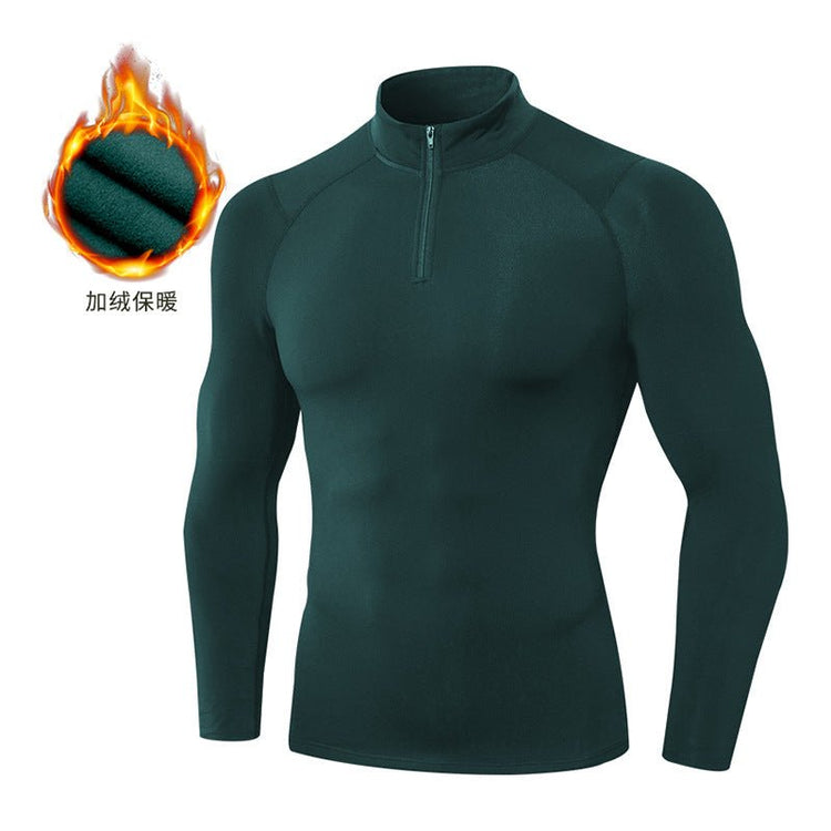 Men's Autumn and Winter Fleece-lined Fitness Clothes High-elastic Tight-fitting Sports Basketball Running Training Long-sleeved Half-zipper Collar Sweater - Premium Fitness & Activewear