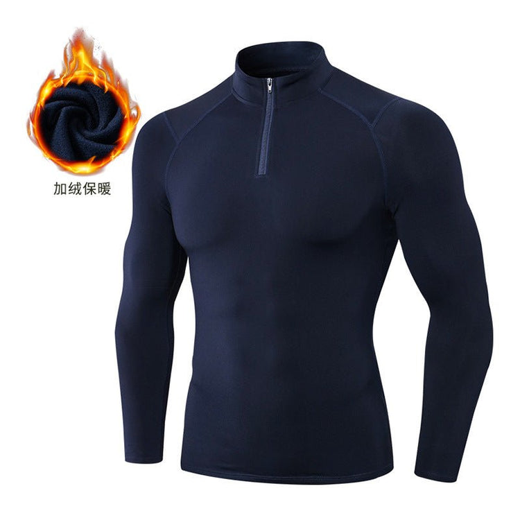 Men's Autumn and Winter Fleece-lined Fitness Clothes High-elastic Tight-fitting Sports Basketball Running Training Long-sleeved Half-zipper Collar Sweater - Premium Fitness & Activewear