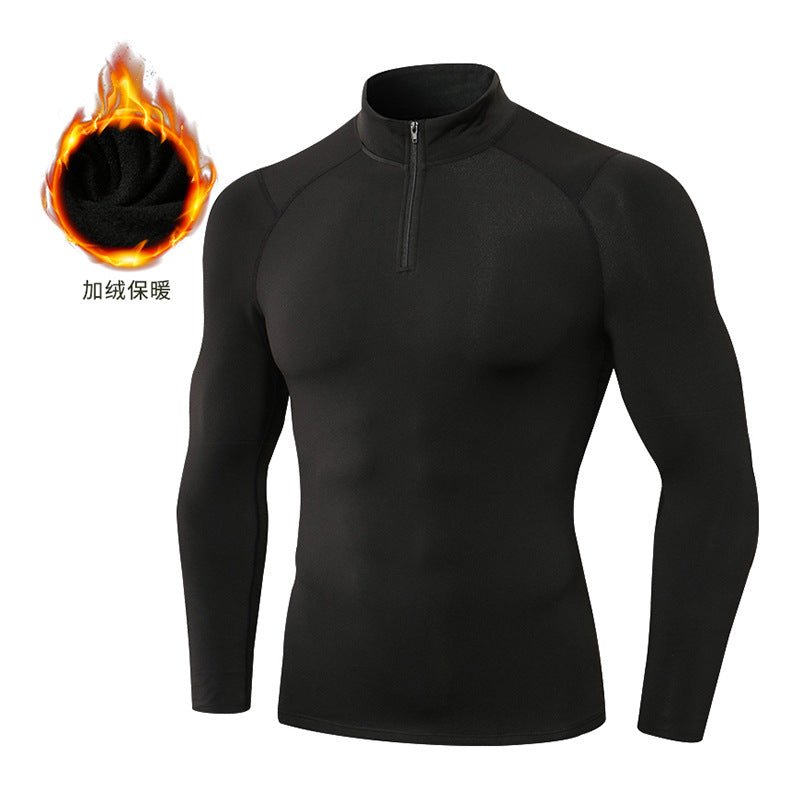 Men's Autumn and Winter Fleece-lined Fitness Clothes High-elastic Tight-fitting Sports Basketball Running Training Long-sleeved Half-zipper Collar Sweater - Premium Fitness & Activewear
