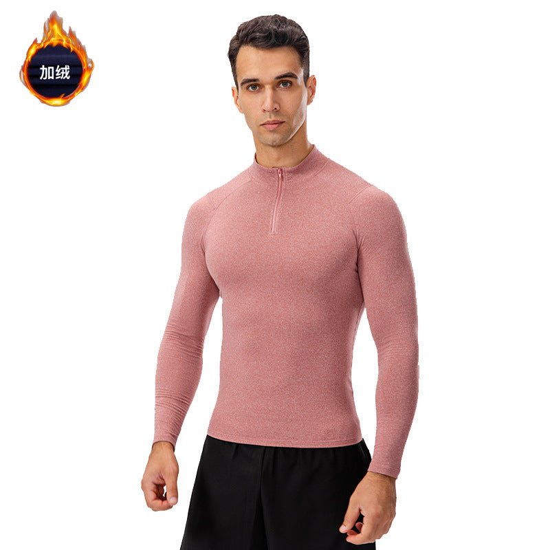 Men's Autumn and Winter Fleece-lined Fitness Clothes High-elastic Tight-fitting Sports Basketball Running Training Long-sleeved Half-zipper Collar Sweater - Premium Fitness & Activewear