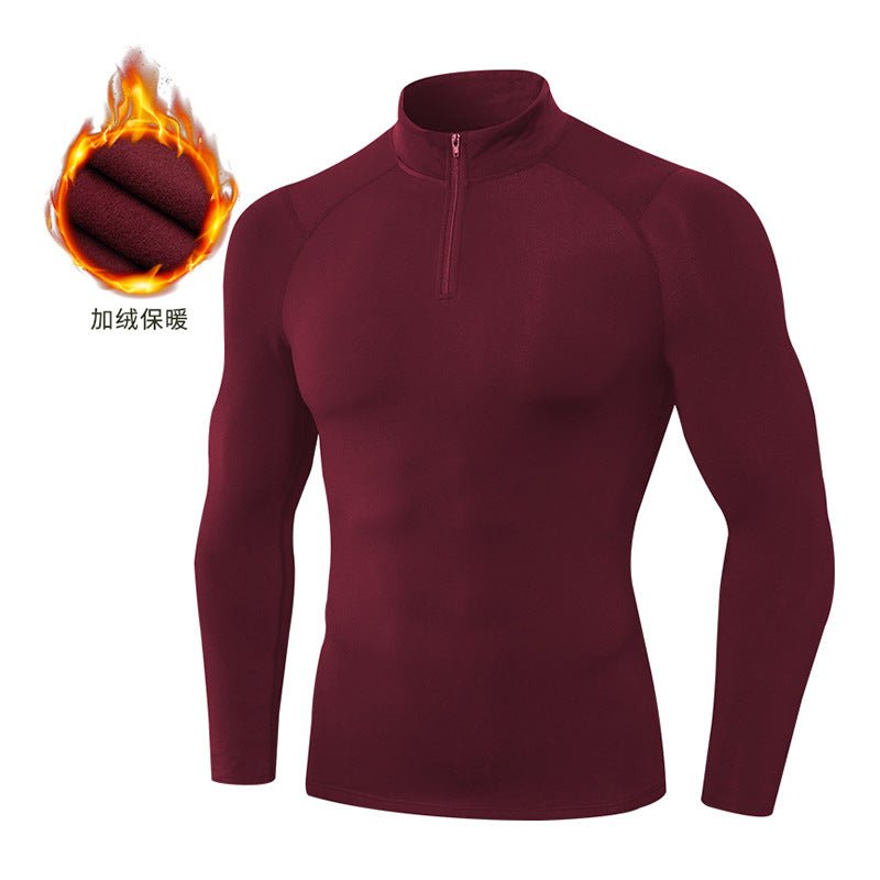 Men's Autumn and Winter Fleece-lined Fitness Clothes High-elastic Tight-fitting Sports Basketball Running Training Long-sleeved Half-zipper Collar Sweater - Premium Fitness & Activewear