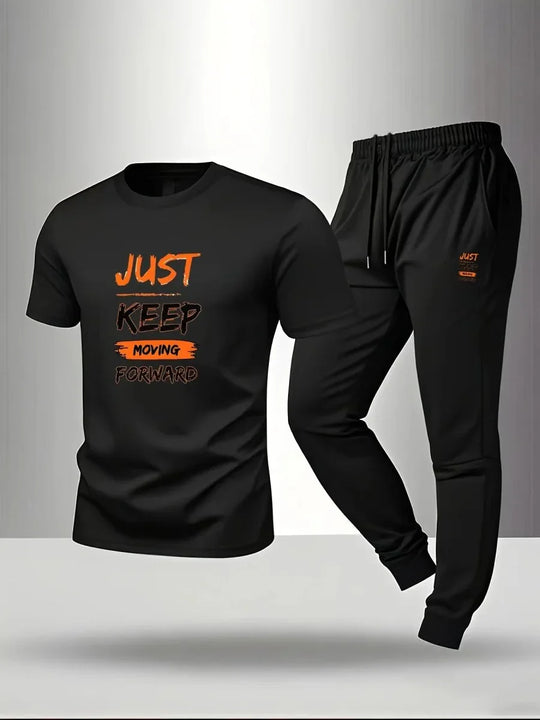 Men’s Breathable Athletic Set – White “Just Keep Moving” T-Shirt &amp; Black Joggers - Allen-Fitness