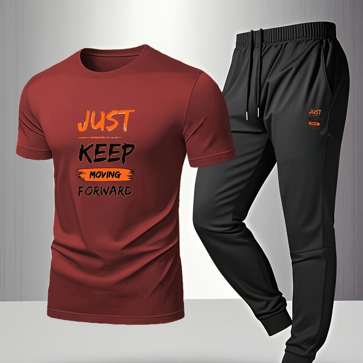 Men’s Breathable Athletic Set – White “Just Keep Moving” T-Shirt & Black Joggers - Allen - Fitness