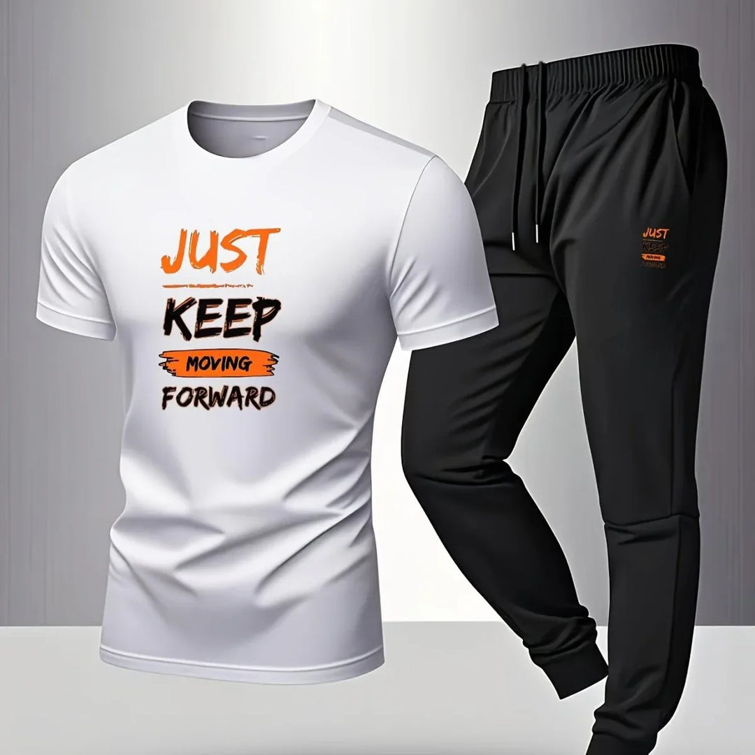 Men’s Breathable Athletic Set – White “Just Keep Moving” T-Shirt &amp; Black Joggers - Allen-Fitness