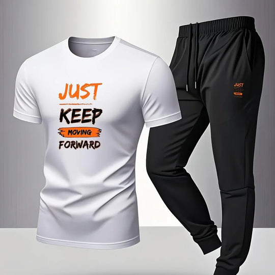 Men’s Breathable Athletic Set – White “Just Keep Moving” T-Shirt &amp; Black Joggers - Allen-Fitness