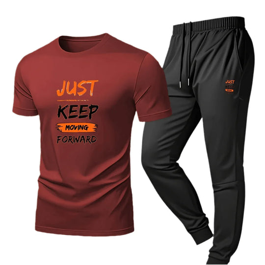 Men’s Breathable Athletic Set – White “Just Keep Moving” T-Shirt &amp; Black Joggers - Allen-Fitness