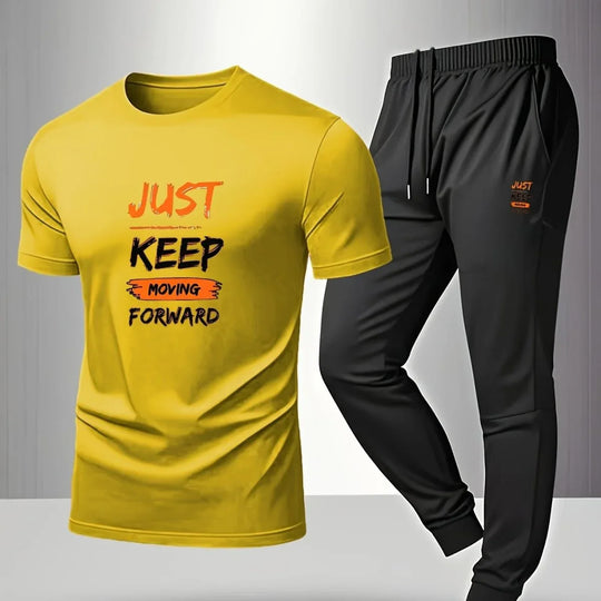Men’s Breathable Athletic Set – White “Just Keep Moving” T-Shirt &amp; Black Joggers - Allen-Fitness