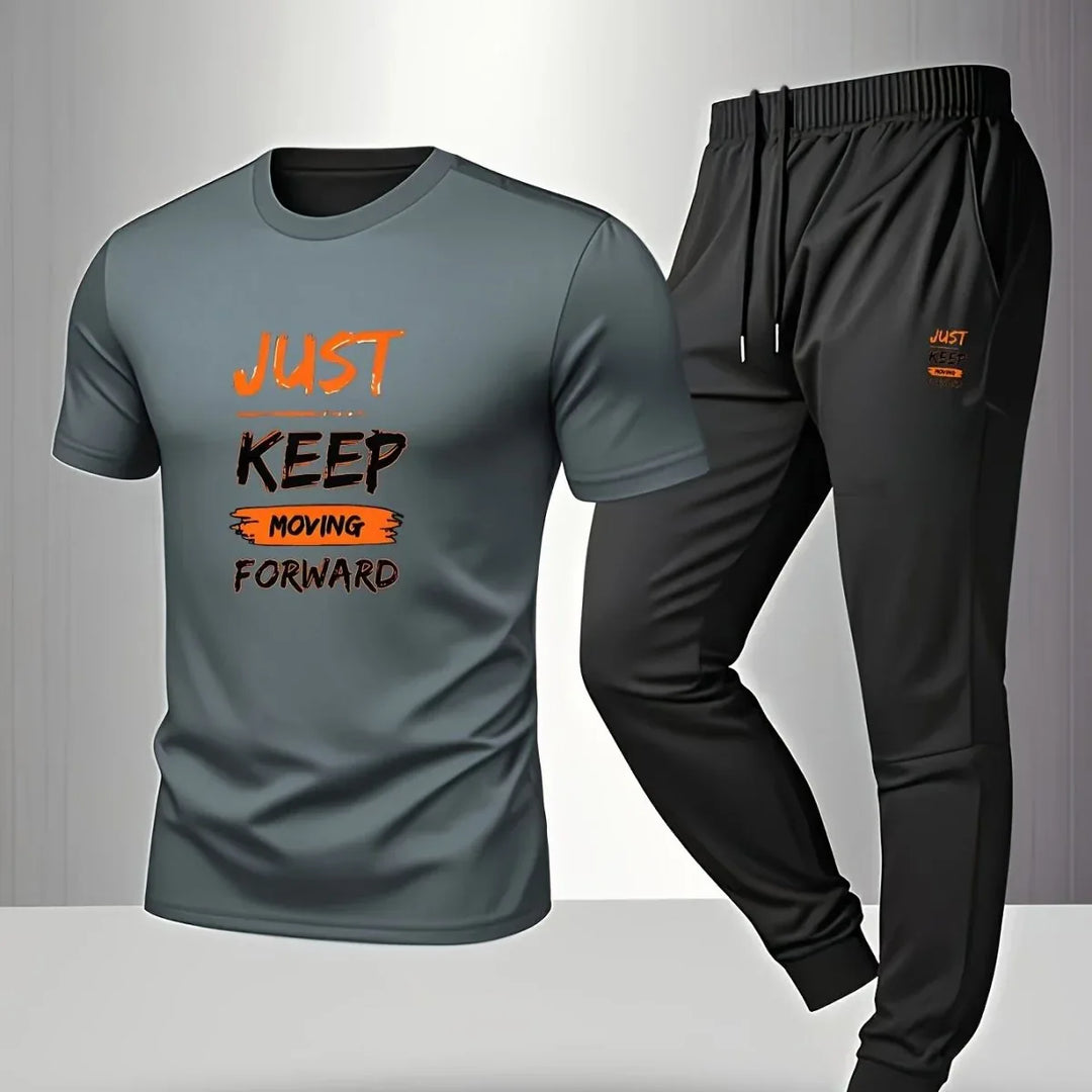 Men’s Breathable Athletic Set – White “Just Keep Moving” T-Shirt &amp; Black Joggers - Allen-Fitness
