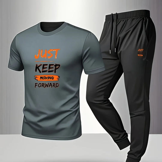 Men’s Breathable Athletic Set – White “Just Keep Moving” T-Shirt &amp; Black Joggers - Allen-Fitness