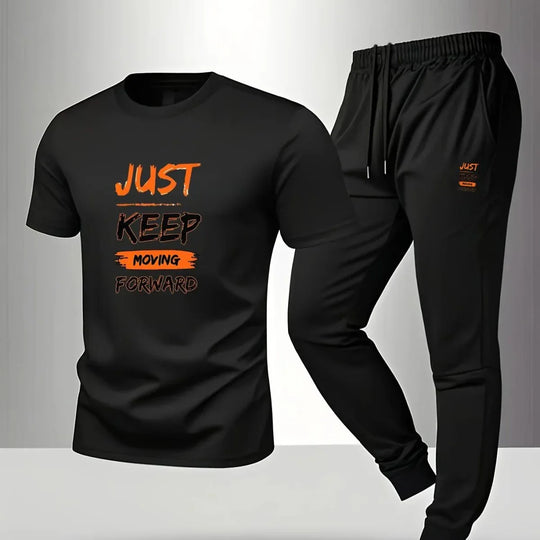 Men’s Breathable Athletic Set – White “Just Keep Moving” T-Shirt &amp; Black Joggers - Allen-Fitness