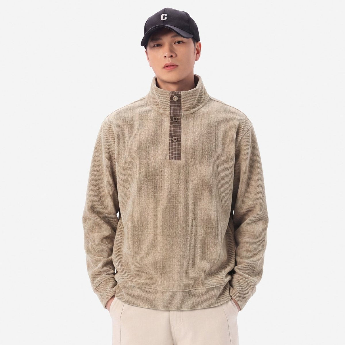 Men's Casual Heavyweight Long Sleeve Half Zip Stand Collar Gray Pullover Sweatshirt - Premium Fitness & Activewear for Men & Women|UK