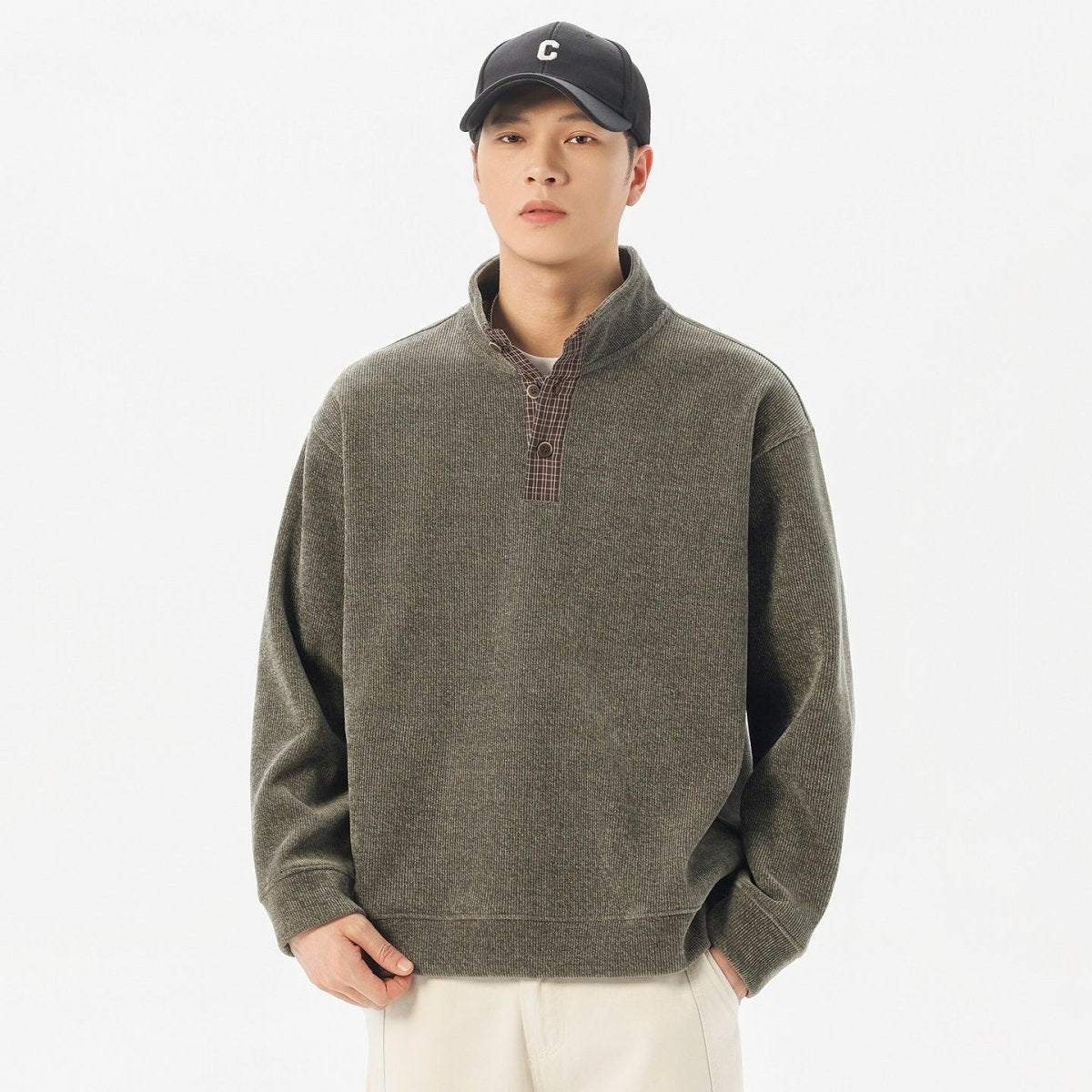 Men's Casual Heavyweight Long Sleeve Half Zip Stand Collar Gray Pullover Sweatshirt - Premium Fitness & Activewear for Men & Women|UK