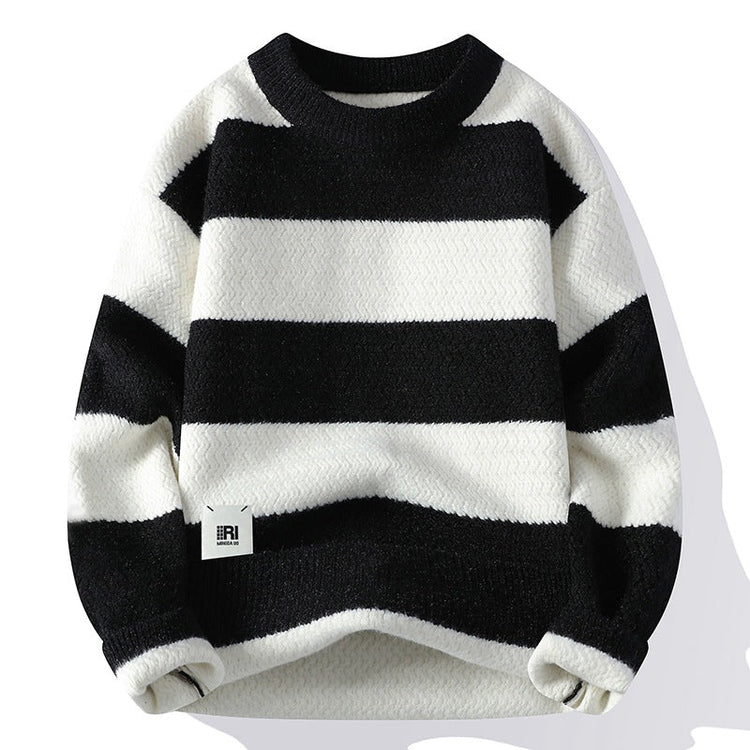 Men's Casual Loose Contrast Stripe Sweater Long Sleeve Round Neck Knitwear - Premium Fitness & Activewear for Men & Women|UK