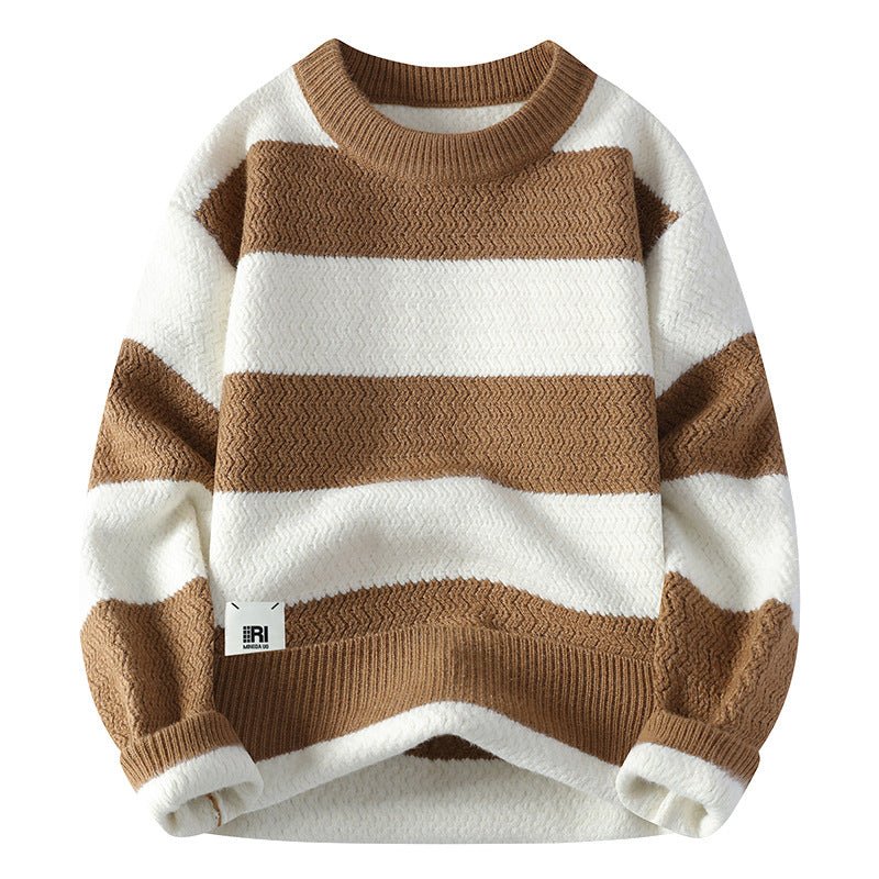 Men's Casual Loose Contrast Stripe Sweater Long Sleeve Round Neck Knitwear - Premium Fitness & Activewear for Men & Women|UK