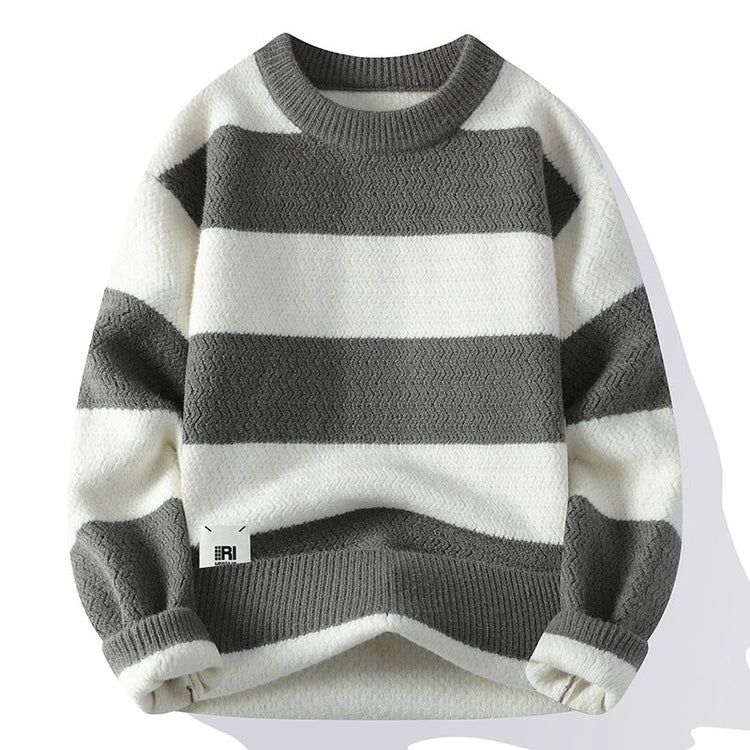 Men's Casual Loose Contrast Stripe Sweater Long Sleeve Round Neck Knitwear - Premium Fitness & Activewear for Men & Women|UK