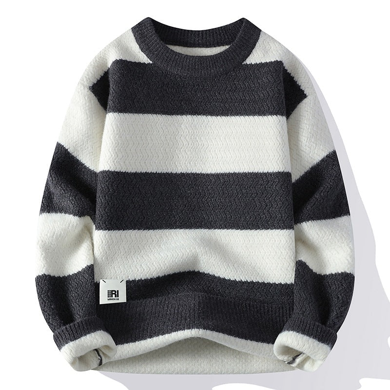 Men's Casual Loose Contrast Stripe Sweater Long Sleeve Round Neck Knitwear - Premium Fitness & Activewear for Men & Women|UK