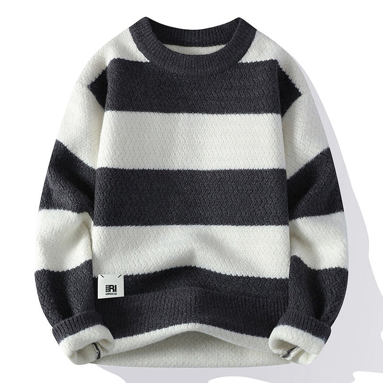 Men's Casual Loose Contrast Stripe Sweater Long Sleeve Round Neck Knitwear - Premium Fitness & Activewear for Men & Women|UK